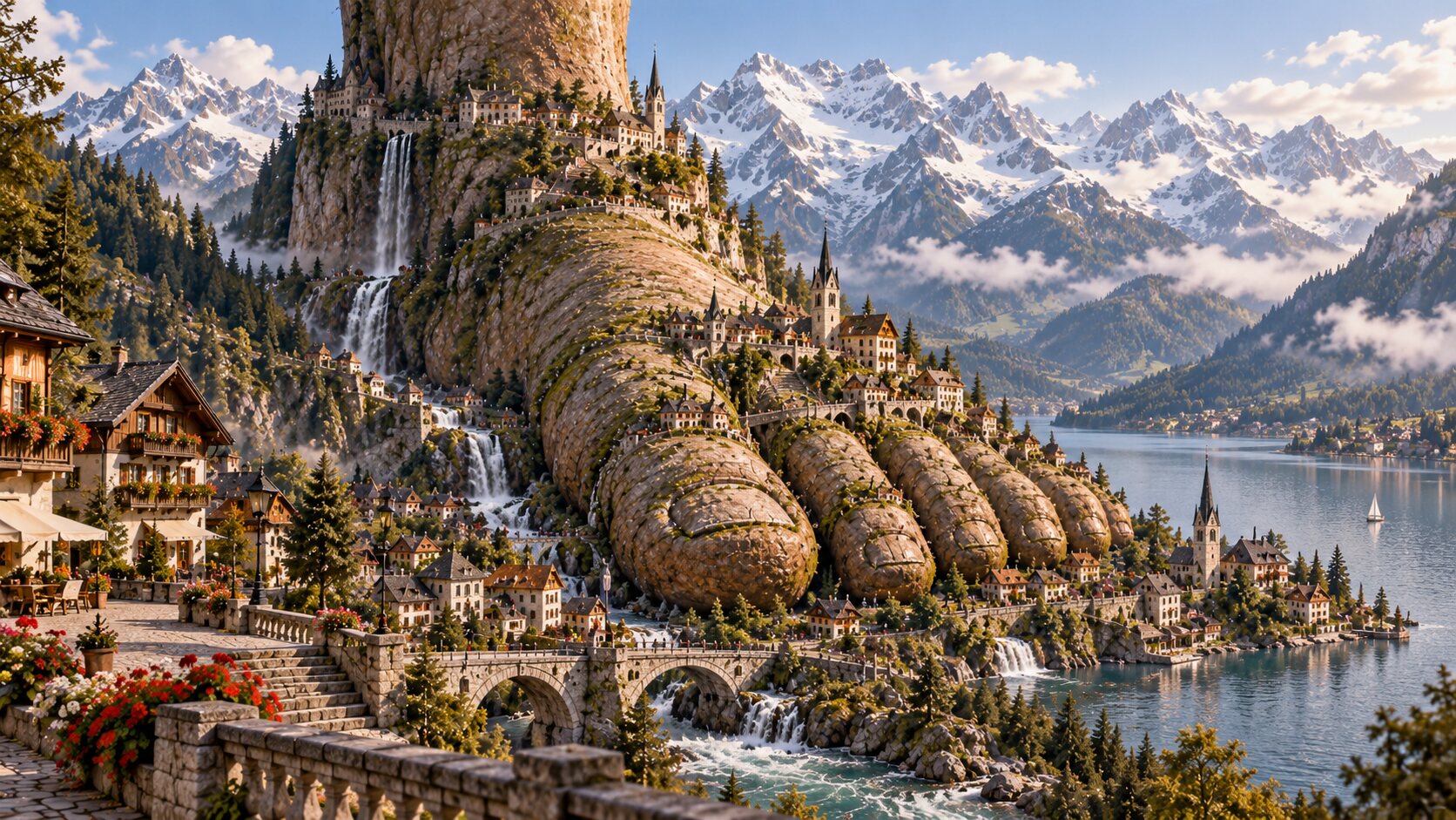 A giant stone foot as tall as the Alps behind it. A small Austrian town is built over its toes and around its heel, with waterfalls, a stone bridge and a lake.